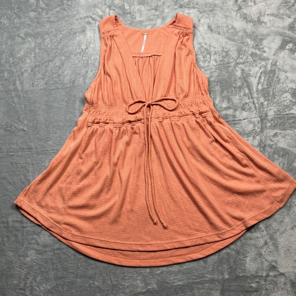 Free People Womens Beach Bound Plunging Neckline Tie Front Smocked Top Peach M